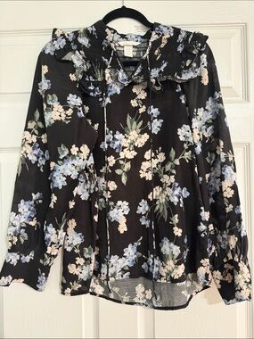 H&M Black Floral Ruffle Tie-Neck Blouse